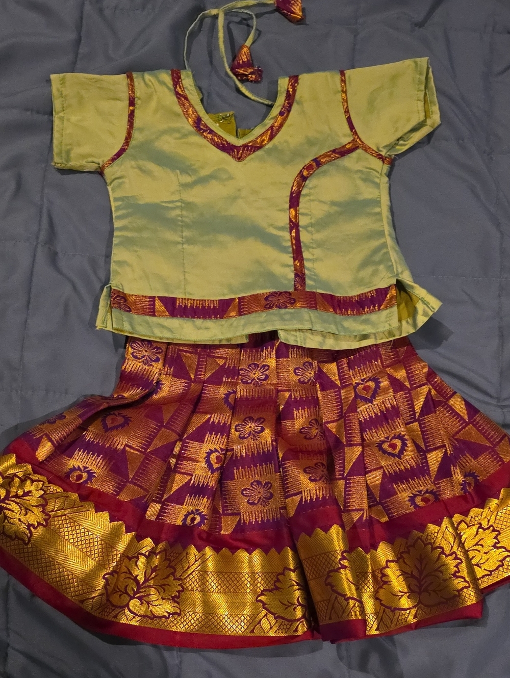 Children's Traditional Skirt and Top Set in Lime Green and Magenta with Gold